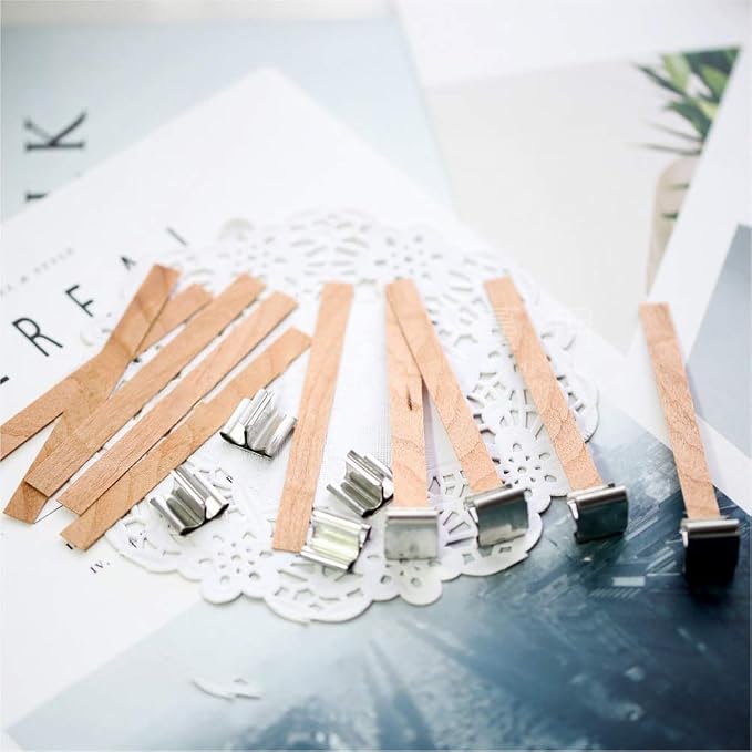 100 Pcs Wood Candle Wicks for Candle Making-50 Wicks & 50 Wick Holders | Smokeless Wooden Wicks Long Lasting Candle Cores with Iron Standers for Candle Making Supplies, 5.1 X 0.5 Inch