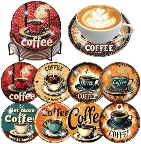 8 Pack Diamond Art Coasters,Coffee Retro Diamond Painting Coasters Kits