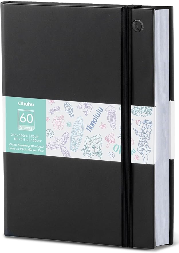 Ohuhu 5.5"x8.5" Double-Sided Bleedproof Marker Pad Art Sketchbook 60 Sheets | Small Sketch Book - 90 LB/150 GSM Smooth Drawing Paper - 60 Sheets/120 Pages -Hardcover Sketch Pad for Alcohol Markers Paints