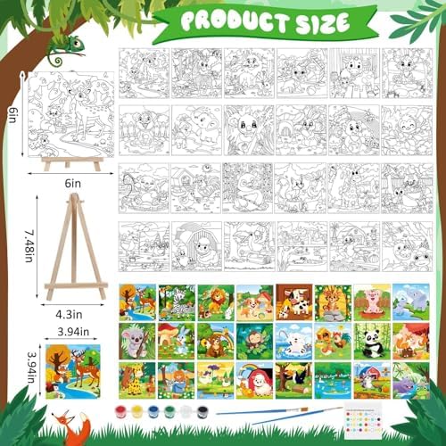 Tenceur 24 Pack 216 Piece Pre Drawn Canvas to Paint for Kid Adult 6 x 6 Inch Stretched Coloring Painting Canvas Panels with Design Easel and Brushes for Party Supplies Beginner Favor(Animals)