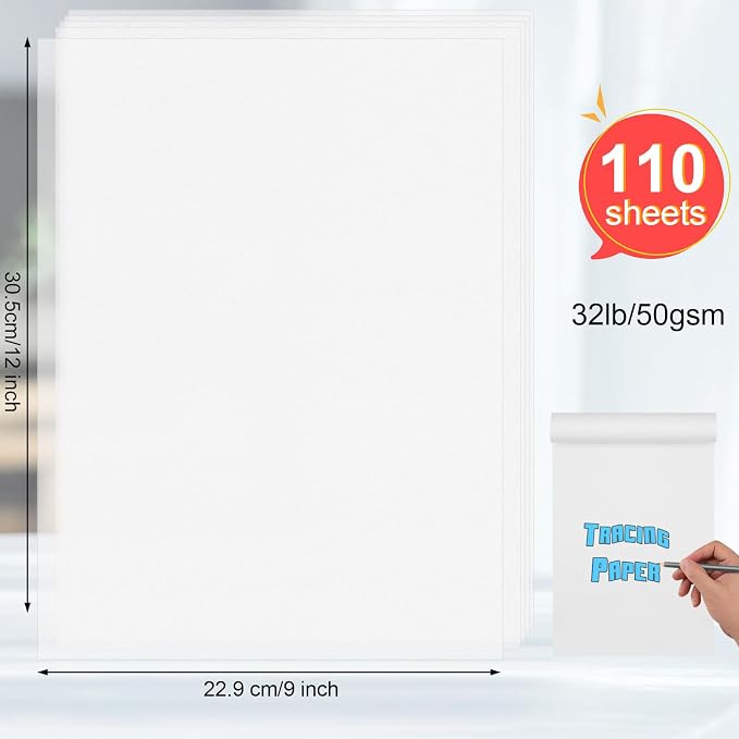 110 Sheets Tracing Paper for Drawing, 9”x12” Trace Paper, Translucent Vellum Paper Tracing Paper Pad, Tracing Pad for Sketching, Preliminary Drawing, Overlaying Images Tracing