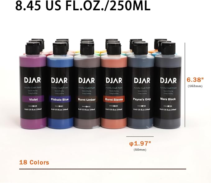 DJAR 18 Colors Acrylic Paint Set for Artists Beginners, 2 fl oz/250ml | Rich Pigments Colors Painting Supplies, Waterproof & Fast Dry, Works on Canvas, Rocks, Wood, Ceramic & Fabric, Safe Non-Toxic