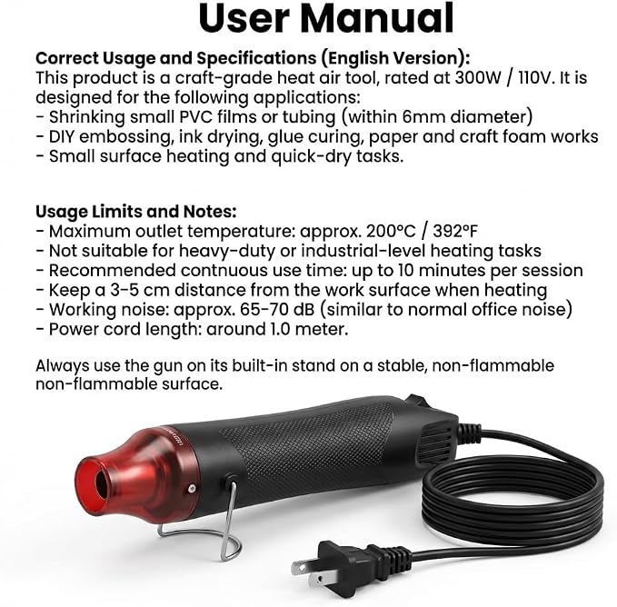 QWORK Mini Heat Gun, 300W Portable Hot Air Tool for Crafts, Epoxy Resin, Shrink Tubing & DIY, with Stand 110V