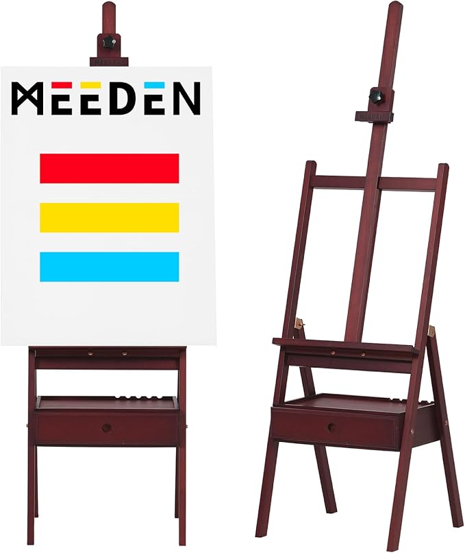 MEEDEN Studio H-Frame Easel with Art Supply Storage Drawer - Adjustable (60"~75") Wood Easel Stand for Artists, Adults and Students, Holds Canvas Art up to 35" - Deep Walnut