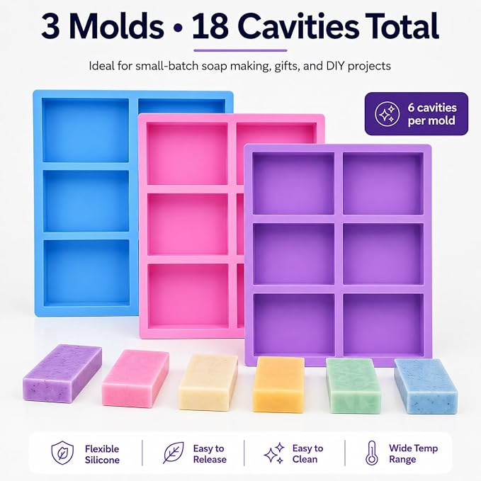 3 Pack Rectangle Silicone Soap Molds, 18 Cavities Total, 6 Cavity Soap Making Mold for Melt and Pour Soap, Homemade Soap Bars, Pudding, Jelly, Brownies, Chocolate, Easy Release Silicone Baking Mold