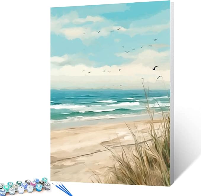 Seaside Beach Paint by Numbers Kits 16x20 inch Canvas DIY Oil Painting for Kids, Students, Adults Beginner with Brushes and Acrylic Pigment Beach Scenery Landscape Decor Photo Gift(without Frame)