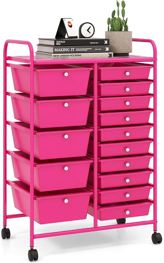 LDAILY 15 Drawer Rolling Storage Cart, Rolling Cart with Drawers for Classroom, Art Supply Craft Organizer on Wheel with Metal Frame & Handles for Home Office School