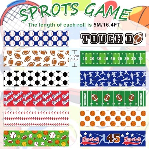 Whaline 12 Rolls Sports Theme Washi Tape Sport Balls Masking Tape Assorted Masking Decorative Wrapping Paper Tapes for DIY Craft Scrapbook Envelope Party Favor Supplies