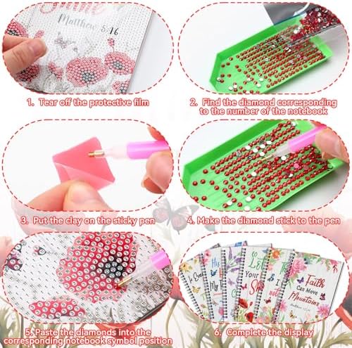 Fullhawl 6 Pack 5D DIY Diamond Art Crafts Kit for Adults Office Supplies Beginner A5 Leather Diamond Painting Gift for Women Art Cover Craft Accessories with Tool (Bible Florals)
