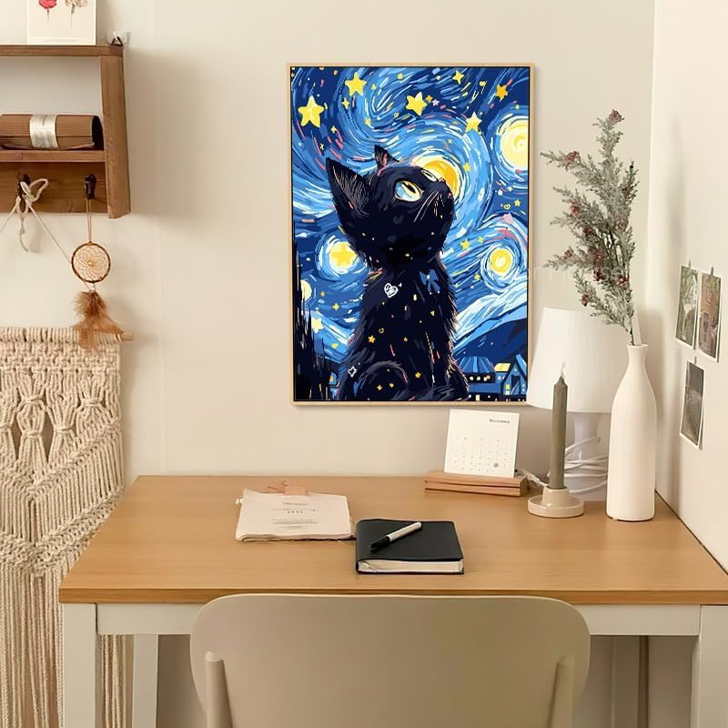 RYMILIE Cat Diamond Art Kits for Adults Diamond Painting Kit 12x16in | 5D Starry Night Diamond Art Painting Kit for Beginners, DIY Full Round Drill Cat Gem Art Crafts for Home Wall Decor Gift