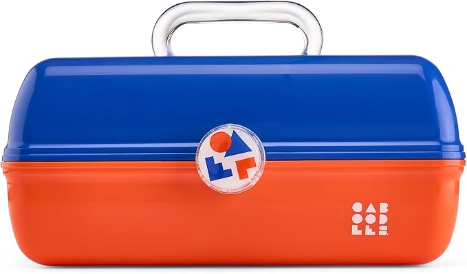 Caboodles School Spirit On-The-Go Girl Makeup Box, Blue Over Orange, Hard Plastic Makeup Organizer Box, Built-In Mirror, Secure Latch for Safe Travel, Spacious Storage for Large Items