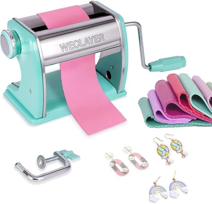 Polymer Clay Press Machine,Clay Roller Machine,Includes Clamp and Hand Crank,Stainless Steel Polymer Clay Tools for Clay Earring Making,7 Adjustable Thickness Setting Clay Pasta Machine-Green