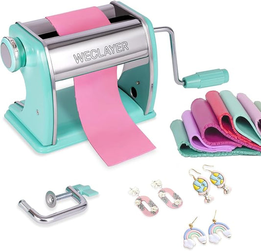 Polymer Clay Press Machine,Clay Roller Machine,Includes Clamp and Hand Crank,Stainless Steel Polymer Clay Tools for Clay Earring Making,7 Adjustable Thickness Setting Clay Pasta Machine-Green