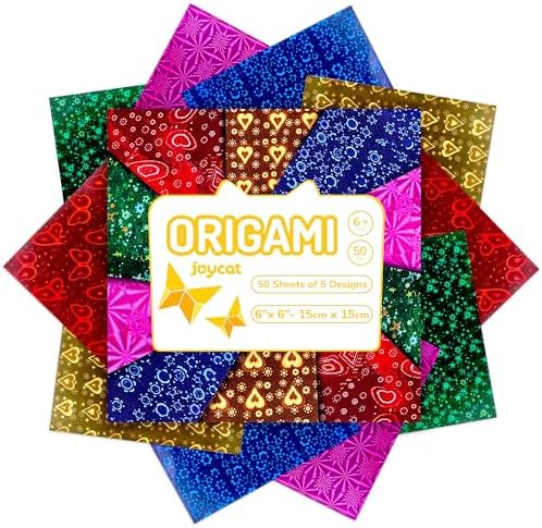 JoyCat Iridescent Laser Origami Paper, 50 Holographic Sheets, 6x6 Inch | Holographic sheets shift color in the light for eye-catching origami, gift wrapping, cards, party decor and metallic crafts.