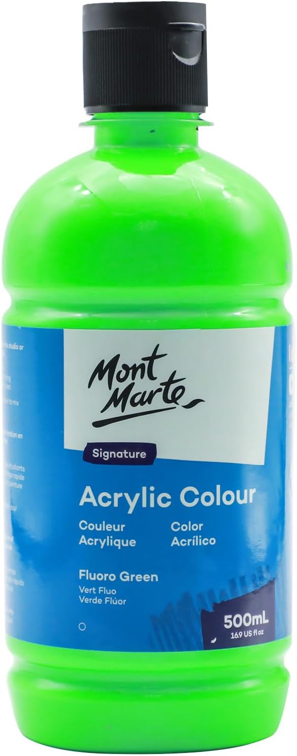 Mont Marte Signature Fluoro Green Acrylic Paint, 16.9oz (500ml), Semi-Matte Finish, 12 Colors, Suitable for Canvas, Wood, Fabric, Leather, Cardboard, Paper, MDF and Crafts
