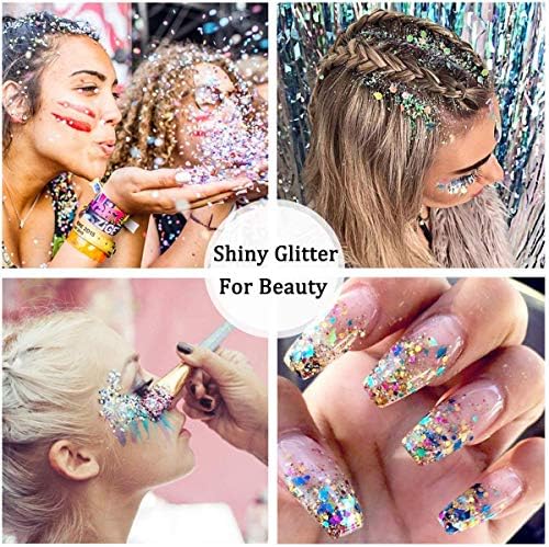 HEMOER Silver Glitter, 100g/3.5oz Holographic Chunky Glitter Mixed Hexagon Chunky & Fine Flakes Iridescent Sequins for Epoxy Crafts, Resin, Nail Body, Tumblers, Party Decoration