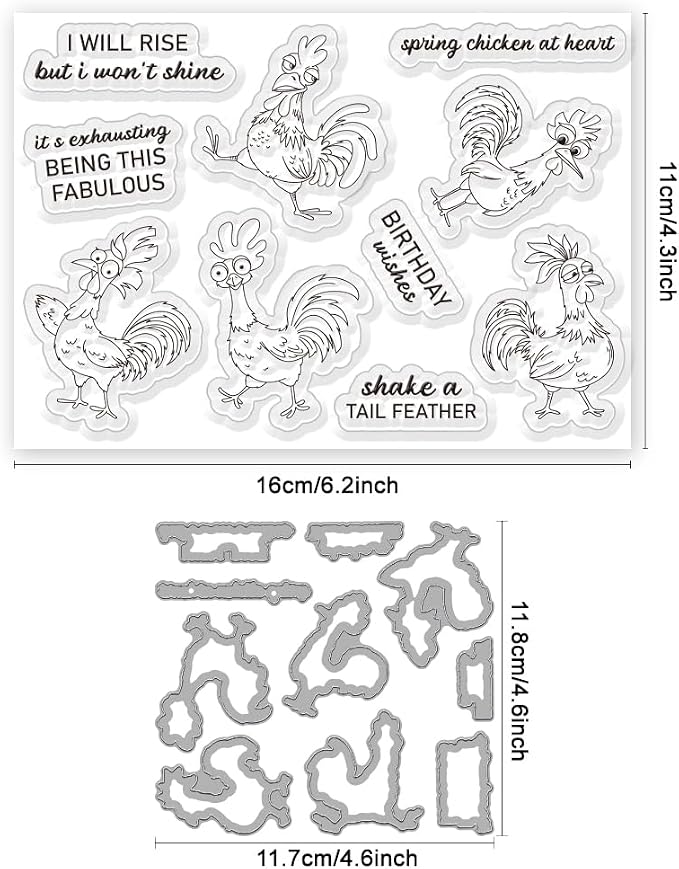Cartoon Chicken Clear Stamp and Metal Die Set Cartoon Rooster Stamp and Die Cut for Card Making Farm Animals Stamps and Dies for DIY Scrapbooking Album Paper Craft Supplies Thanksgiving