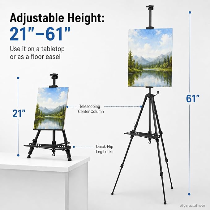 RRFTOK 21-61 Inch Adjustable Art Easel Stand for Painting with Tray | Portable metal easel with paintbrush tray for painting, canvas holder, artists, adults and floor use