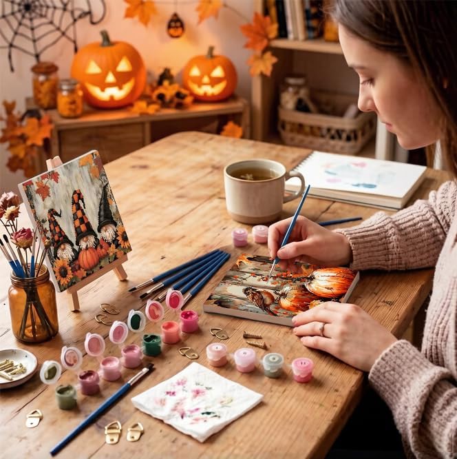 LWZAYS 6 Pack Fall Paint by Numbers Kit for Adults with Frame, Easy Autumn Paint by Number for Adults Beginner with Wooden Easel, DIY Painting by Numbers Canvas Framed for Home Decor 8 x 8 Inch