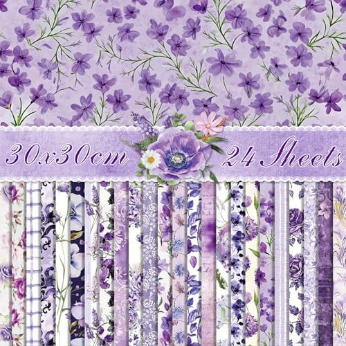 Purple Scrapbook Paper Vintage Flower Pattern Papers Pad 12×12,24 Sheets Double-Sided Spring Bobo Floral Scrapbooking CardStock Paper Pad for Mother's Day Holiday Cardmaking DIY Origami Papers.
