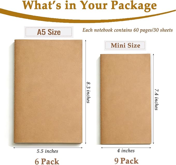 FOVGOTAN 15 Pack Blank Kraft Notebooks Set, 60 Pages Journals Notebook Bulk, Unlined Composition Notebook for Kids, Student, Sketchbooks and Pocket Notebook(6PCS A5 8.3"×5.5", 9PCS Mini 7.4"×4")