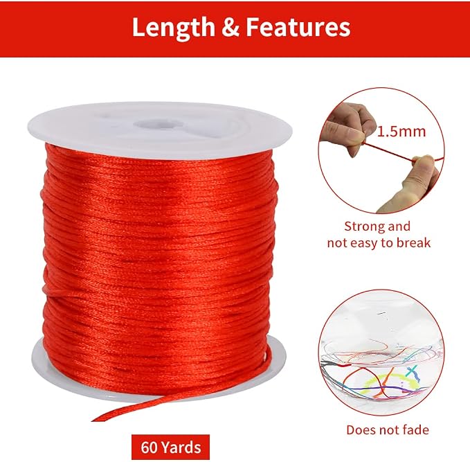 TONIFUL Nylon String Satin Cord for Necklace Bracelet Beading 1.5mm Red | 50yd Non elastic durable non fading, for Jewelry Making Thread Rattail Macrame Trim Kumihimo Chinese Knot Craft Tags Hanging