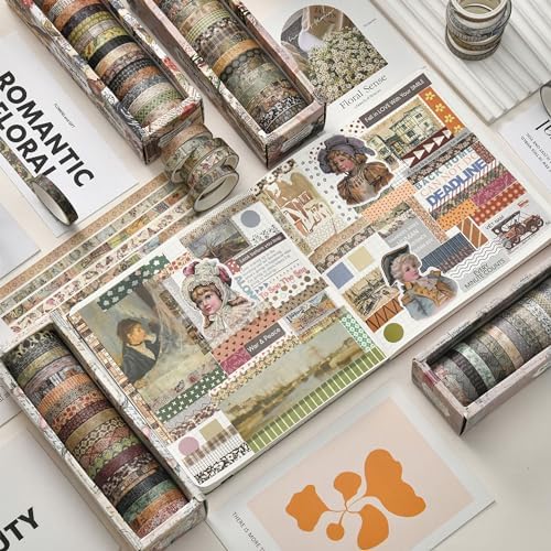 20 Rolls Skinny Vintage Washi Tape Set Retro Arts Adhesive Tapes Basic Patterns Decorative Masking Tape Sets for Craft, Kids, Scrapbook, DIY, Gift Wrapping (First Encounter)