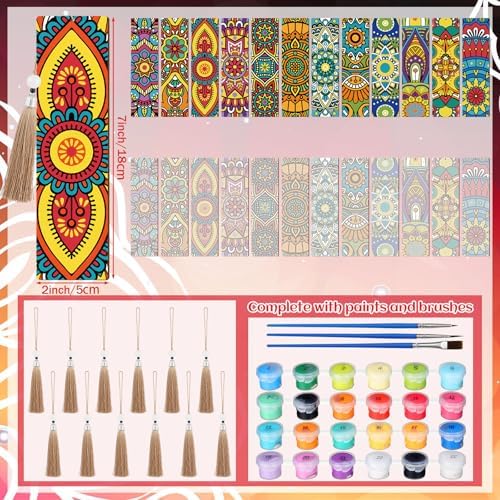 Kosiz 12 Pcs Mandala Paint by Number Kit for Adult Wood Bookmark | Mini Flower Paint by Numbers Kit, Painting Decor, Floral Tassels Blank Bookmarks, for Small DIY Craft Book Lovers Gift 7x2 ''