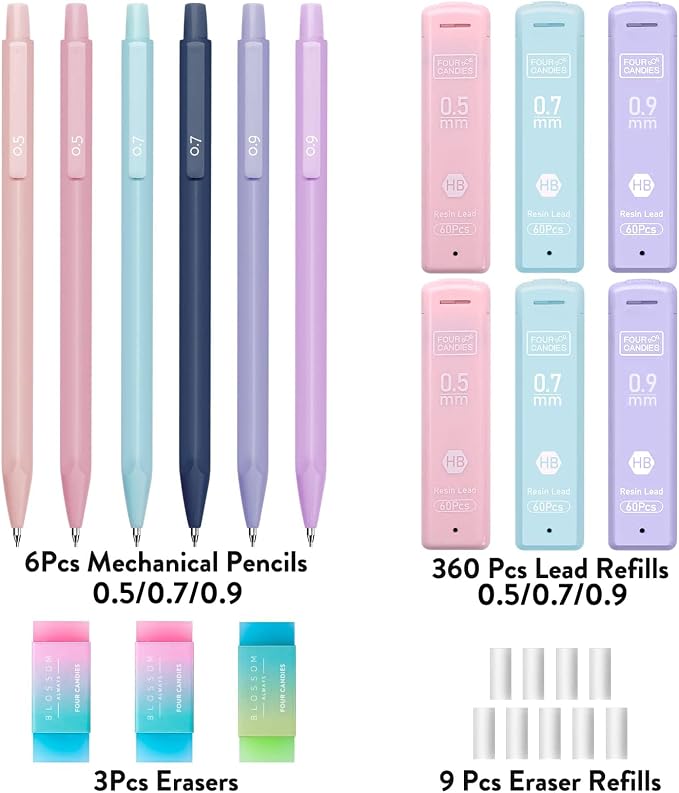 Four Candies Pastel Mechanical Pencil Set with Case, 6-Pack | 0.5/0.7/0.9mm, 360 Leads, 3 Erasers, 9 Eraser Refills, Back to School Supplies for Girls, Cute Aesthetic Stationery