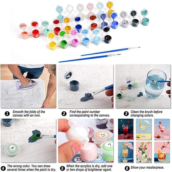 6 Pack Cocktail Framed Paint by Numbers Kits for Adults Beginners, Cocktail Adults Paint by Number Kits on Canvas with Wooden Easel, DIY Acrylic Oil Painting Kits for Home Wall Decor (8x12 inch)