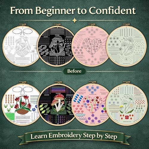 Embroidery Kit for Beginners Adults, 4 Pre-Printed Cloths, 41 Stitches
