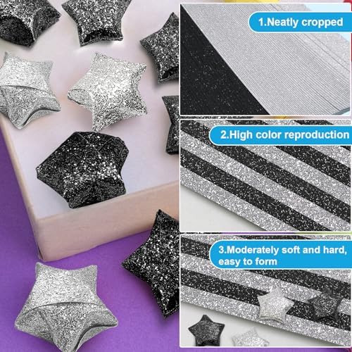 FoDau770 Glitter Star Paper Strips - 360 Sheet, Black & Silver Series