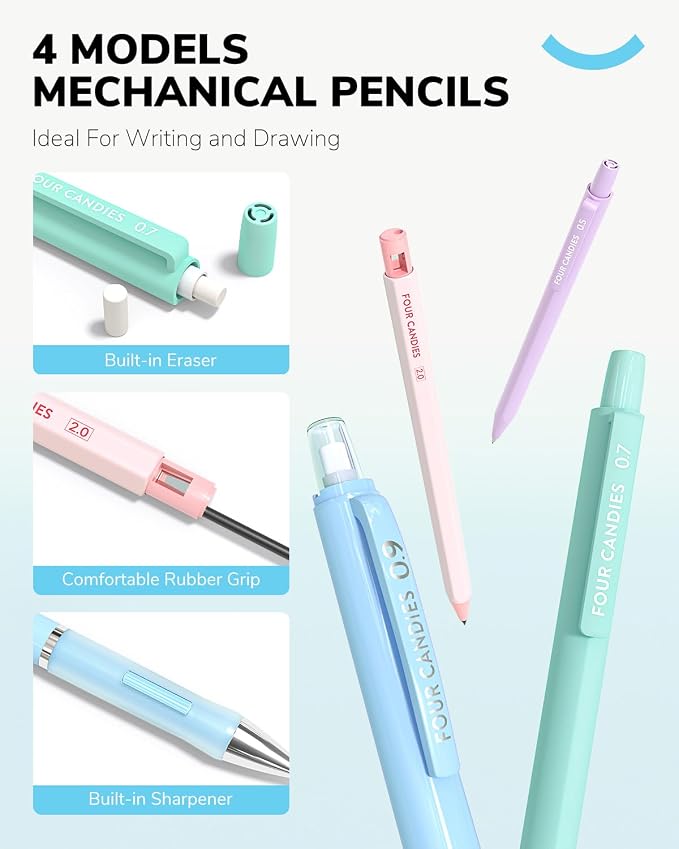Four Candies 36PCS Mechanical Pencil Set with 624 Lead Refills (Light Blue)
