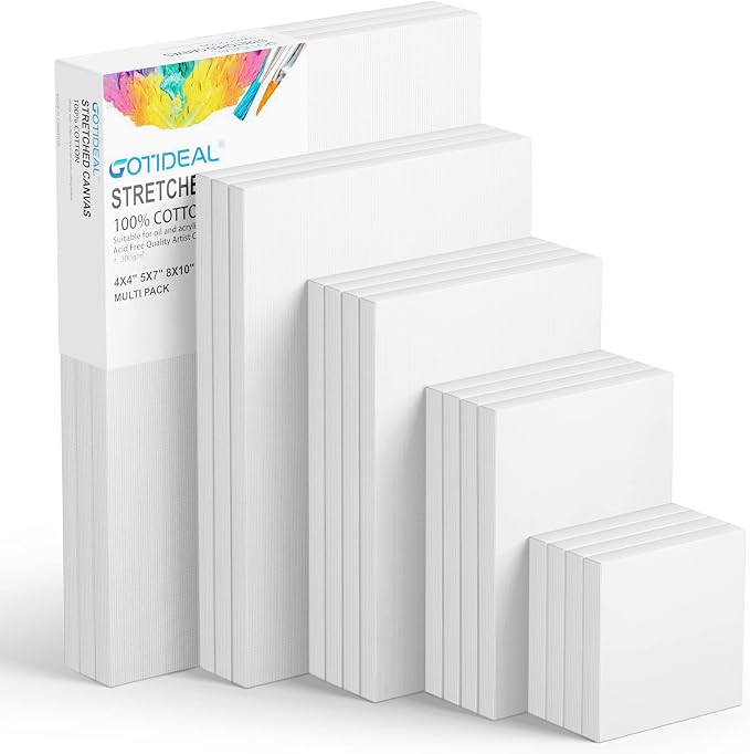 GOTIDEAL 18Pcs Stretched Canvases, Multi Pack 4x4, 5x7, 8x10, 9x12, 11x14 | Primed White Set, 100% Cotton Artist Blank Canvas Boards for Painting, Acrylic Pouring, Oil Paint