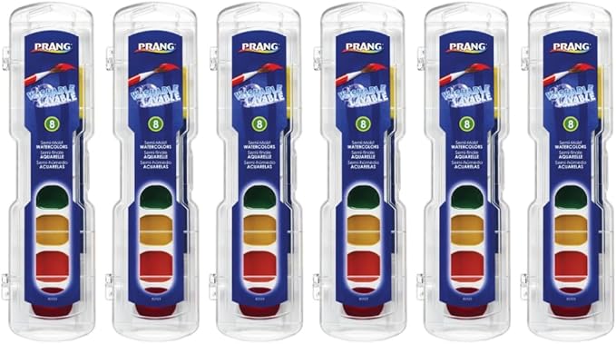 Prang Washable Semi-Moist Watercolors Oval Pan Set with Size 6 Paintbrush, Non-Refillable, 8 Assorted Colors, Pack of 6