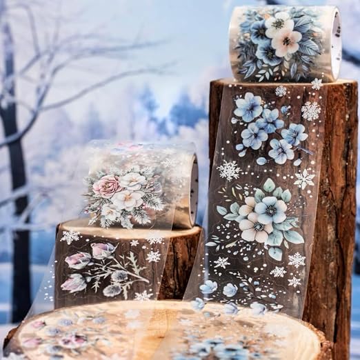 6 Rolls Colorful Winter Floral Washi Tape Set Snowflake Landscape Flower Washi Tapes Transparent PET Tape Stickers for Journaling Junk Journal Supplies Crafts Decorative Tapes Scrap Booking Supples
