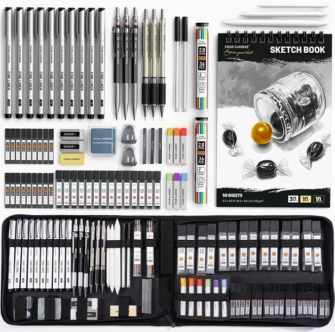 Four Candies 73PCS Advanced Drawing Kit with Professional Art Supplies | Fineliner Pens, Mechanical Pencils, 3-Color Sketchbook, Charcoal Sticks,Pastels for Sketching Drawing Comics, Artists