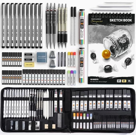 Four Candies 73PCS Advanced Drawing Kit with Professional Art Supplies | Fineliner Pens, Mechanical Pencils, 3-Color Sketchbook, Charcoal Sticks,Pastels for Sketching Drawing Comics, Artists