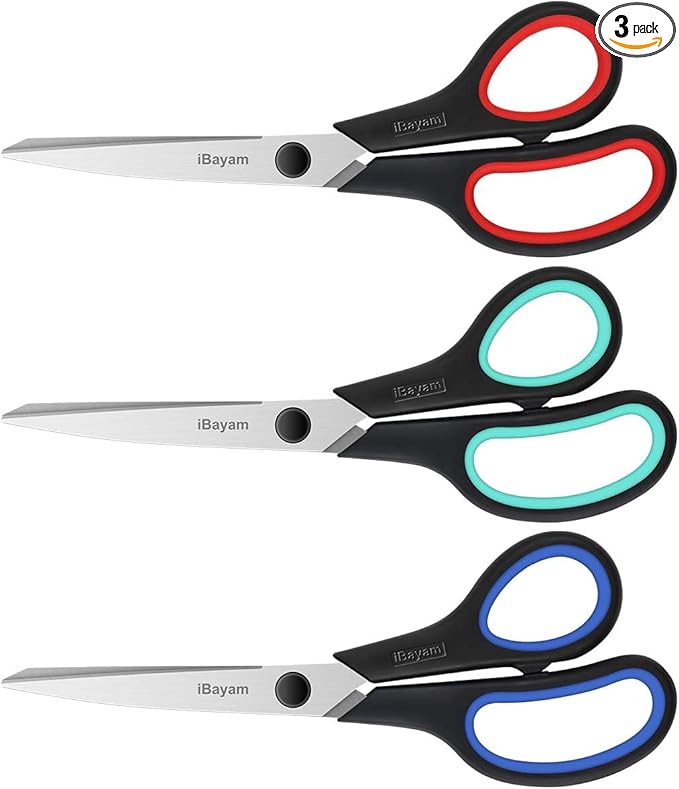 iBayam 8.5" Heavy Duty Scissors All Purpose for Office School Crafts Sewing | 3-Pack, Ultra-Sharp 2.5mm Stainless Blades, Comfort Grip Handles, Left & Right Handed – Teacher Desk & Classroom Must-Have