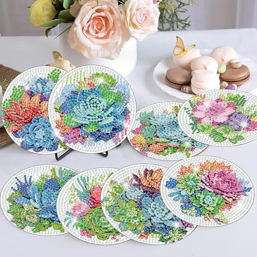 8 Pcs Green Plants Diamond Art Coasters Kit for Adults with Holder 4x4in