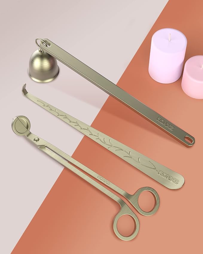 RONXS 3 in 1 Candle Wick Trimmer Set, Snuffer, Dipper, Cutter, Bronze | Candle Care Accessory Kit, Stainless Steel, Trims Wick, Puts out Flame and Dips, Gift Box for Candle Lovers Home Decoration
