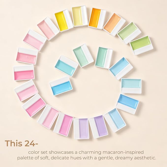 Fuumuui CREAMORA Watercolor Paint Set 24 Colors Opaque Semi-Solid - Muted Cream Dreamy Macaron Tone for Soft Gradient, Professional Art Supplies for Adult Artists & Beginners Painting Sketching