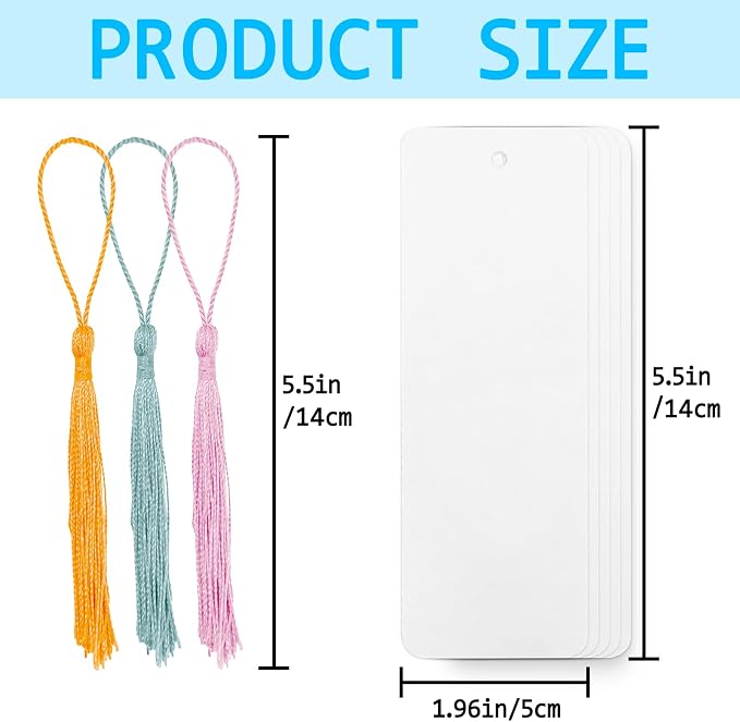 100 Sets Blank Bookmarks with Tassels 350 GSM Paper Bookmark DIY Bookmarks | DSYIL White Cardstock Bookmarks Blank Bookmark to Decorate for Classroom Projects, Home Crafts and Making Gifts, 5.5 x 2 Inch