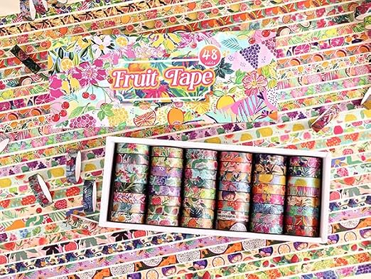 icceemee 48 Rolls Fruit Theme Washi Tape Set, Writable Decorative Tapes for Scrapbooking, Junk Journal Supplies, Bullet Journaling, 0.39"x79" per Roll