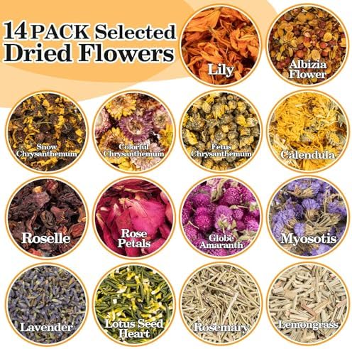 Sukh 14 Bags Dried Herbs Kit - Dried Flower Botanicals Bulk for DIY Crafts