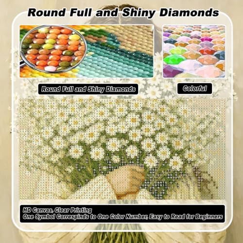 VeGuude Diamond Art Kits for Adults, Full Drill Woman with Daisies Bouquet Diamond Painting Kits for Beginners, DIY Full Rhinestone 5D Diamond dots (Gemstone Craft), Home Wall Decoration (12x16 inch)