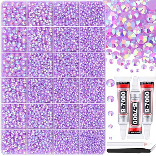 30000Pcs Lavender Purple AB Rhinestones for Bedazzling with B7000 Jewelry Glue, Bedazzler Kit Bulk Flatback Gems, Resin Rhinestones for Crafting Crafts Clothing Shoe Nail Art Assorted Size 2/3/4/5/6mm