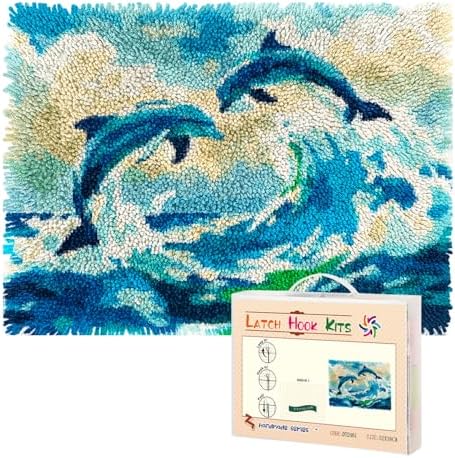 Latch Hook Rug Kit Dolphins Leaping Out of Ocean Pre-Printed Handmade Carpet Crochet Yarn Craft DIY Hook and Latch Door Mat Tapestry for Home Floor Decoration 52x38cm-2