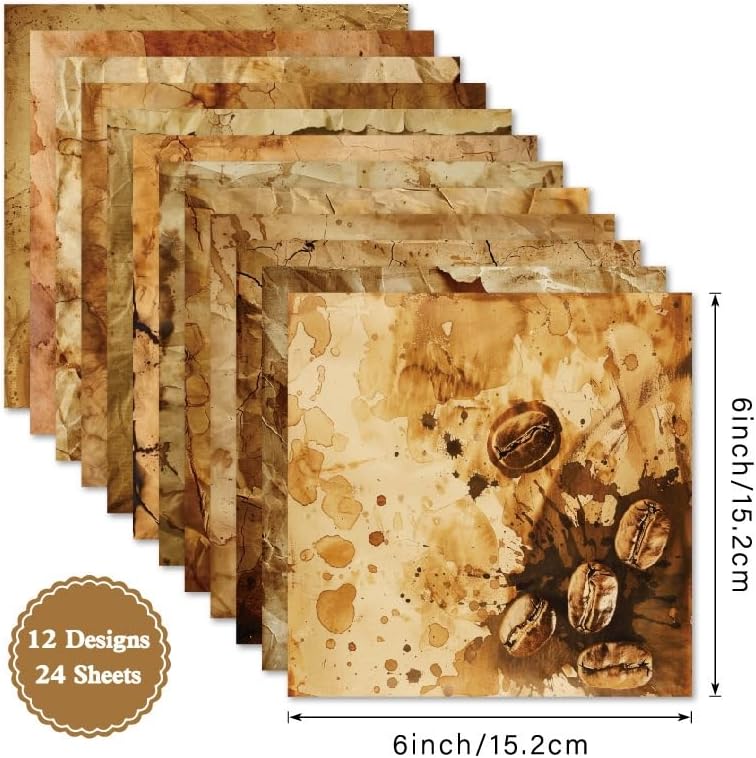 Vintage Scrapbook Paper Pad Retro Coffee Patterned Paper 6×6,24 Sheets Single-Sided Scrapbooking CardStock Papers Pad for Holiday Cardmaking DIY Origami Journaling.