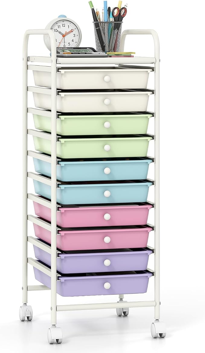 GIANTEX 10 Drawer Storage Cart, Rolling Craft Cart w/Metal Tabletop